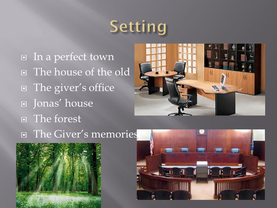  In a perfect town  The house of the old  The giver’s office  Jonas’ house  The forest  The Giver’s memories