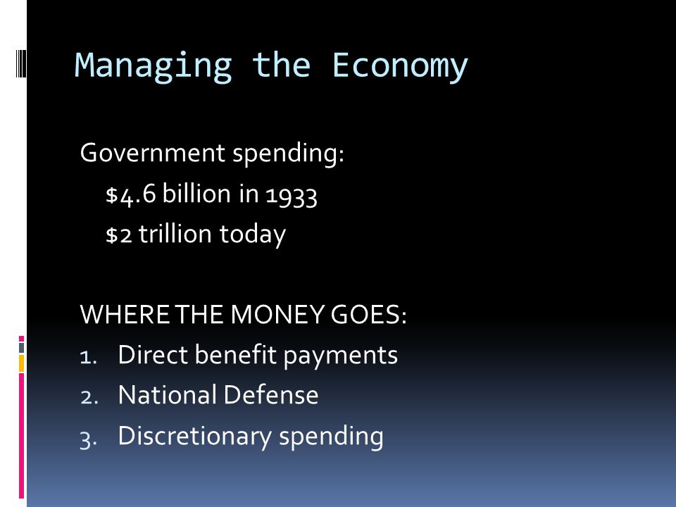 Managing the Economy Government spending: $4.6 billion in 1933 $2 trillion today WHERE THE MONEY GOES: 1.