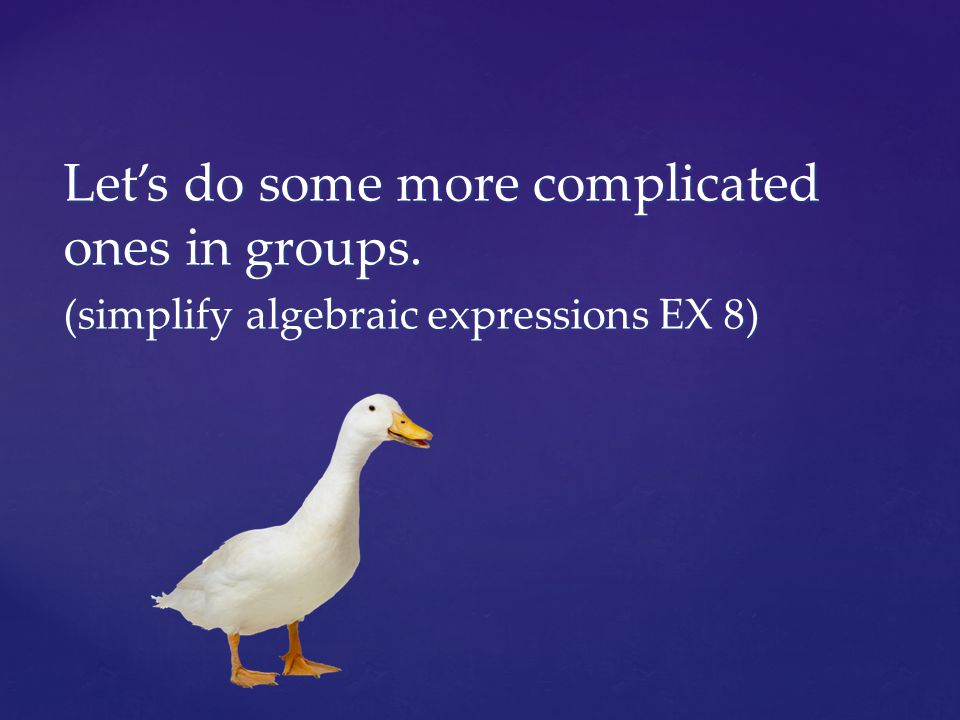 Let’s do some more complicated ones in groups. (simplify algebraic expressions EX 8)