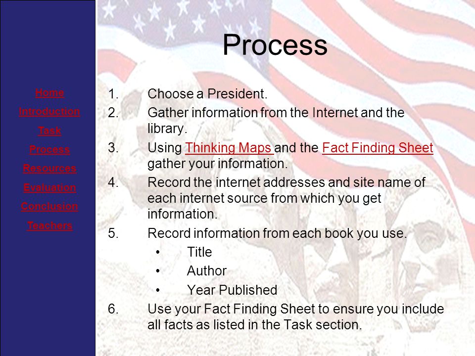 Home Introduction Task Process Resources Evaluation Conclusion Teachers Process 1.Choose a President.