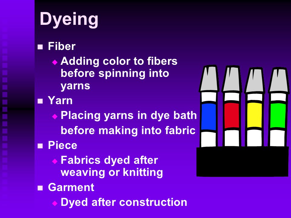Dyeing Fiber   Adding color to fibers before spinning into yarns Yarn   Placing yarns in dye bath before making into fabric Piece   Fabrics dyed after weaving or knitting Garment   Dyed after construction