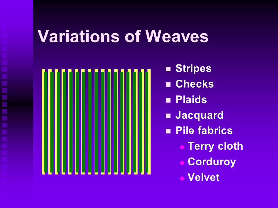 Variations of Weaves Stripes Checks Plaids Jacquard Pile fabrics  Terry cloth  Corduroy  Velvet