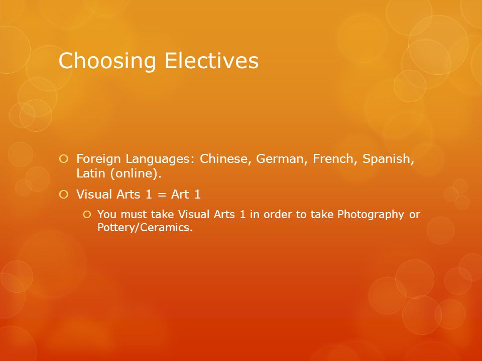 Choosing Electives  Foreign Languages: Chinese, German, French, Spanish, Latin (online).