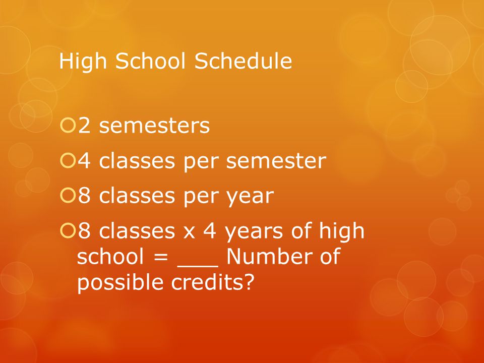 High School Schedule  2 semesters  4 classes per semester  8 classes per year  8 classes x 4 years of high school = ___ Number of possible credits