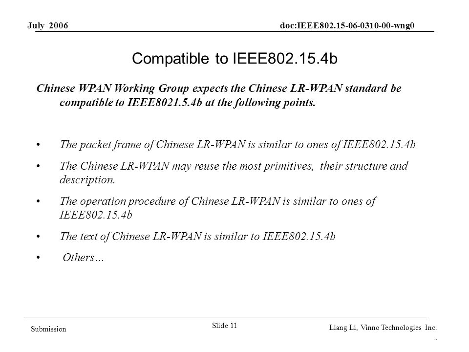 July 2006 doc:IEEE wng0 Slide 11 Submission Liang Li, Vinno Technologies Inc..