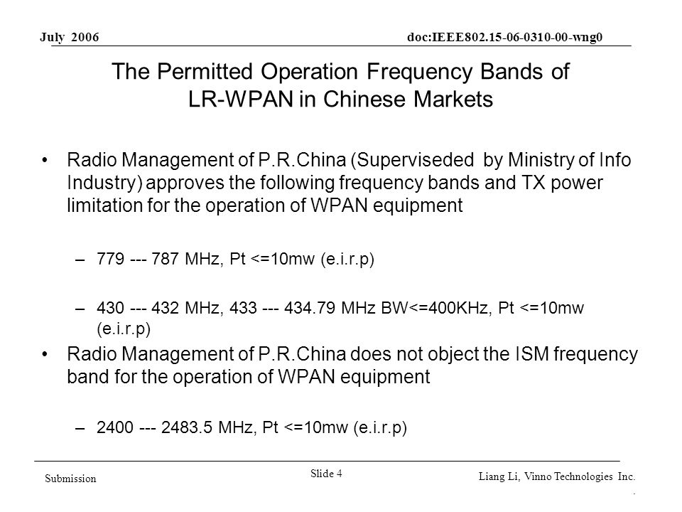 July 2006 doc:IEEE wng0 Slide 4 Submission Liang Li, Vinno Technologies Inc..