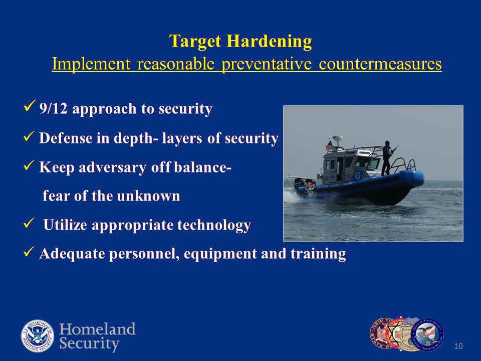 10 9/12 approach to security Defense in depth- layers of security Keep adversary off balance- fear of the unknown Utilize appropriate technology Adequate personnel, equipment and training 9/12 approach to security Defense in depth- layers of security Keep adversary off balance- fear of the unknown Utilize appropriate technology Adequate personnel, equipment and training Target Hardening Implement reasonable preventative countermeasures
