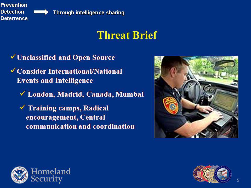 5 Threat Brief Unclassified and Open Source Consider International/National Events and Intelligence London, Madrid, Canada, Mumbai Training camps, Radical encouragement, Central communication and coordination Unclassified and Open Source Consider International/National Events and Intelligence London, Madrid, Canada, Mumbai Training camps, Radical encouragement, Central communication and coordination