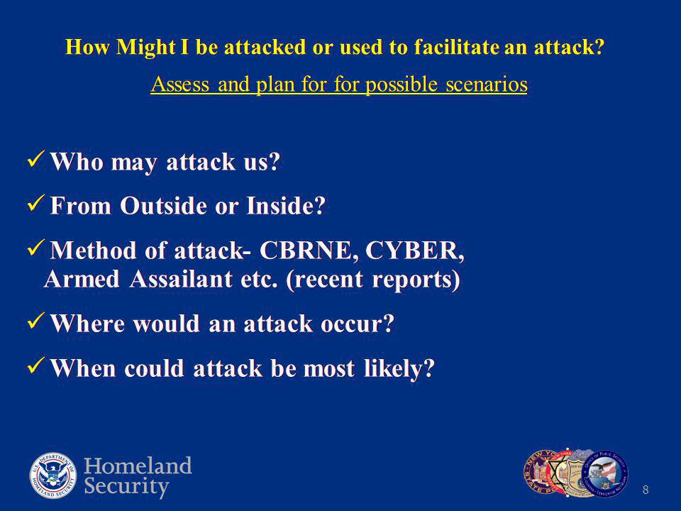 8 Who may attack us. From Outside or Inside. Method of attack- CBRNE, CYBER, Armed Assailant etc.
