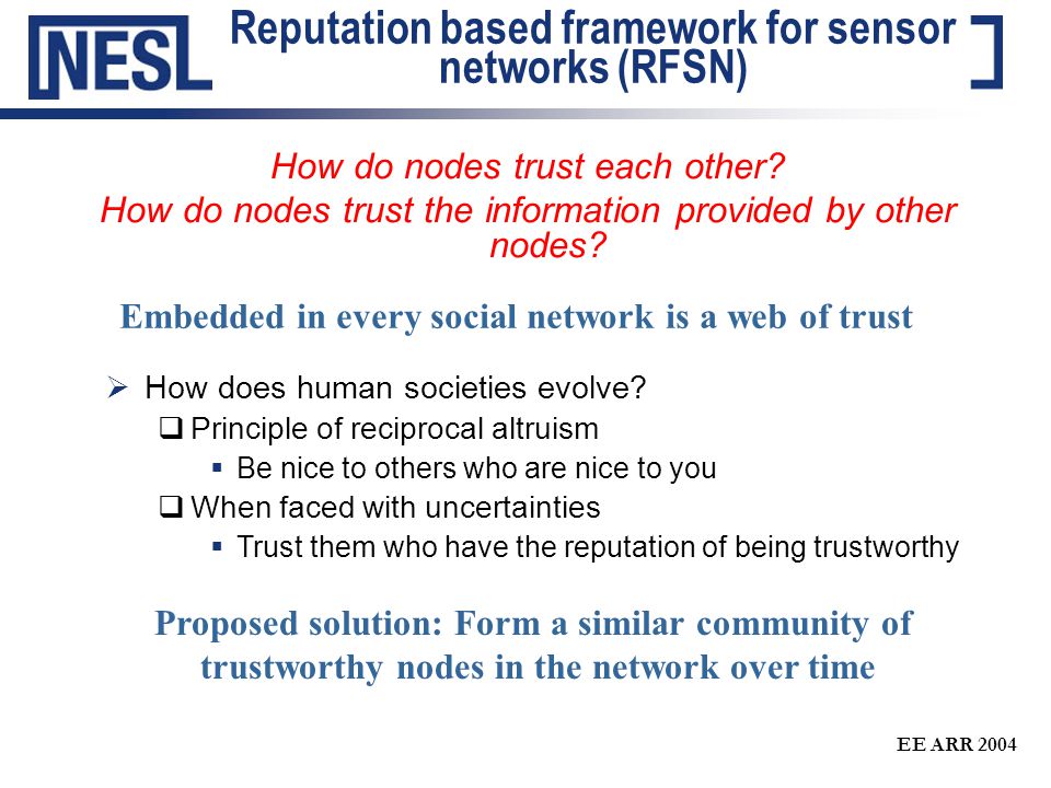 EE ARR 2004 Reputation based framework for sensor networks (RFSN) How do nodes trust each other.