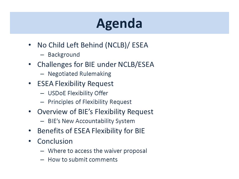 Agenda No Child Left Behind (NCLB)/ ESEA – Background Challenges for BIE under NCLB/ESEA – Negotiated Rulemaking ESEA Flexibility Request – USDoE Flexibility Offer – Principles of Flexibility Request Overview of BIE’s Flexibility Request – BIE’s New Accountability System Benefits of ESEA Flexibility for BIE Conclusion – Where to access the waiver proposal – How to submit comments
