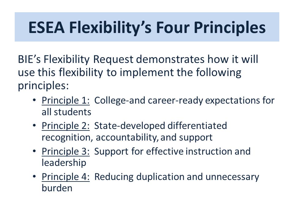ESEA Flexibility’s Four Principles BIE’s Flexibility Request demonstrates how it will use this flexibility to implement the following principles: Principle 1: College-and career-ready expectations for all students Principle 2: State-developed differentiated recognition, accountability, and support Principle 3: Support for effective instruction and leadership Principle 4: Reducing duplication and unnecessary burden