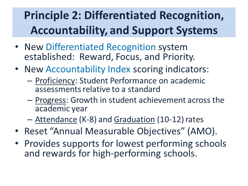 Principle 2: Differentiated Recognition, Accountability, and Support Systems New Differentiated Recognition system established: Reward, Focus, and Priority.