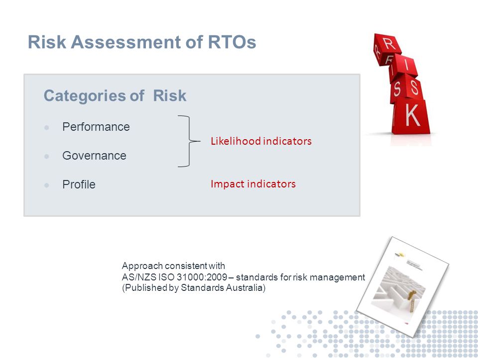 Risk Assessment of RTOs Categories of Risk ● Performance ● Governance ● Profile Impact indicators Approach consistent with AS/NZS ISO 31000:2009 – standards for risk management (Published by Standards Australia) Likelihood indicators