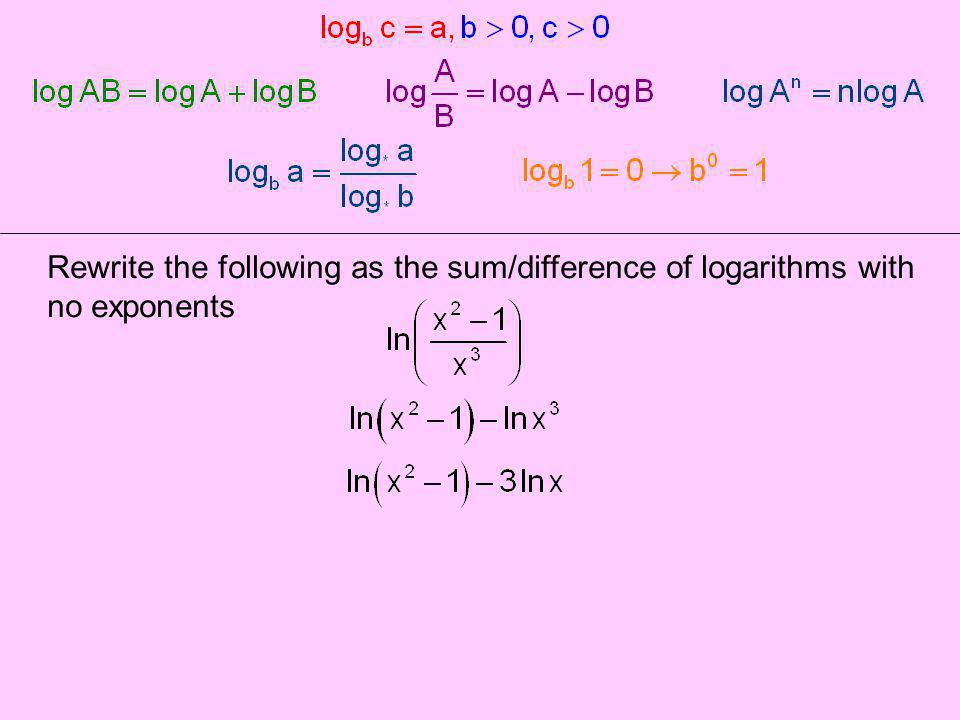 Rewrite the following as the sum/difference of logarithms with no exponents
