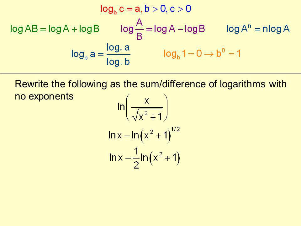 Rewrite the following as the sum/difference of logarithms with no exponents