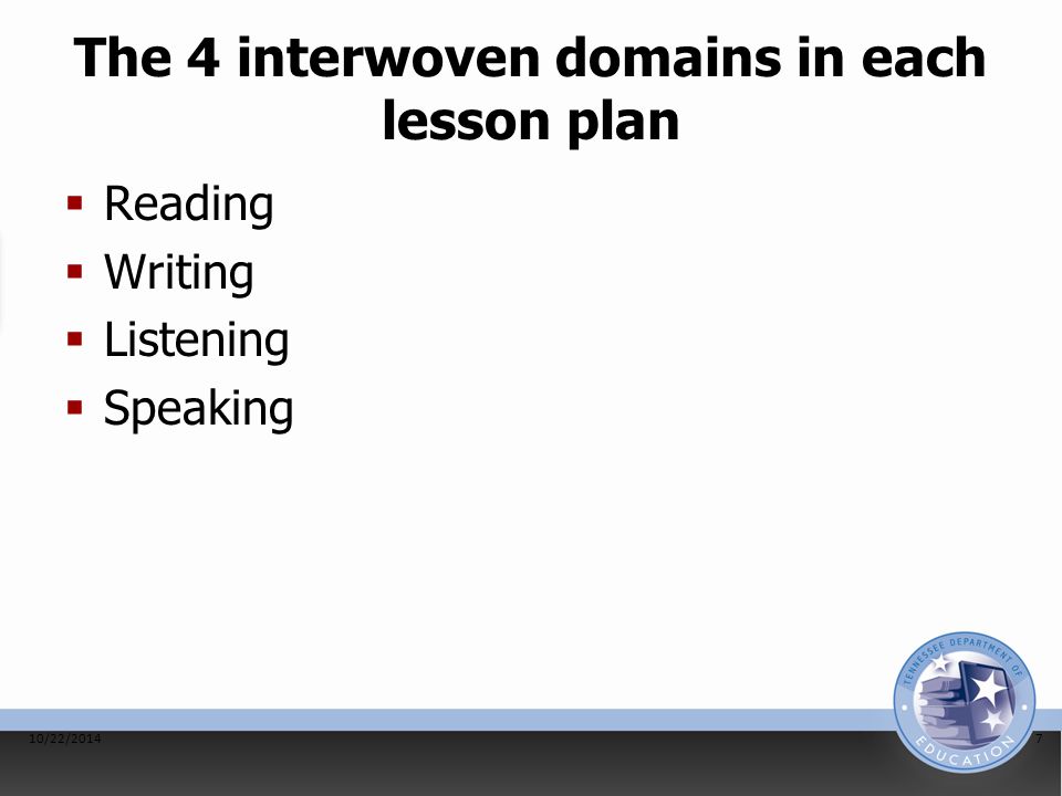 The 4 interwoven domains in each lesson plan  Reading  Writing  Listening  Speaking 10/22/20147
