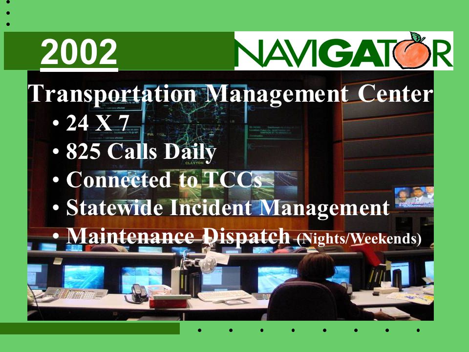 Transportation Management Center 24 X Calls Daily Connected to TCCs Statewide Incident Management Maintenance Dispatch (Nights/Weekends) 2002