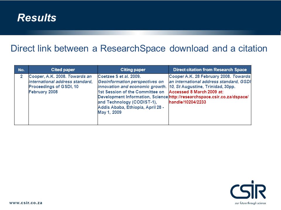 Direct link between a ResearchSpace download and a citation No.