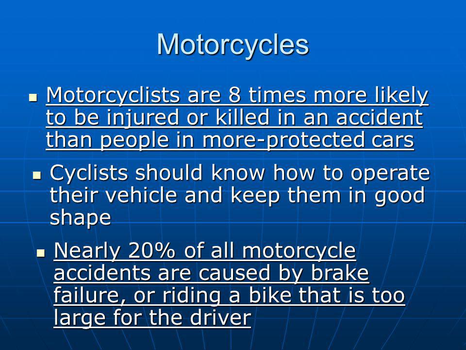 Motorcycles Motorcyclists are 8 times more likely to be injured or killed in an accident than people in more-protected cars Motorcyclists are 8 times more likely to be injured or killed in an accident than people in more-protected cars Cyclists should know how to operate their vehicle and keep them in good shape Cyclists should know how to operate their vehicle and keep them in good shape Nearly 20% of all motorcycle accidents are caused by brake failure, or riding a bike that is too large for the driver Nearly 20% of all motorcycle accidents are caused by brake failure, or riding a bike that is too large for the driver