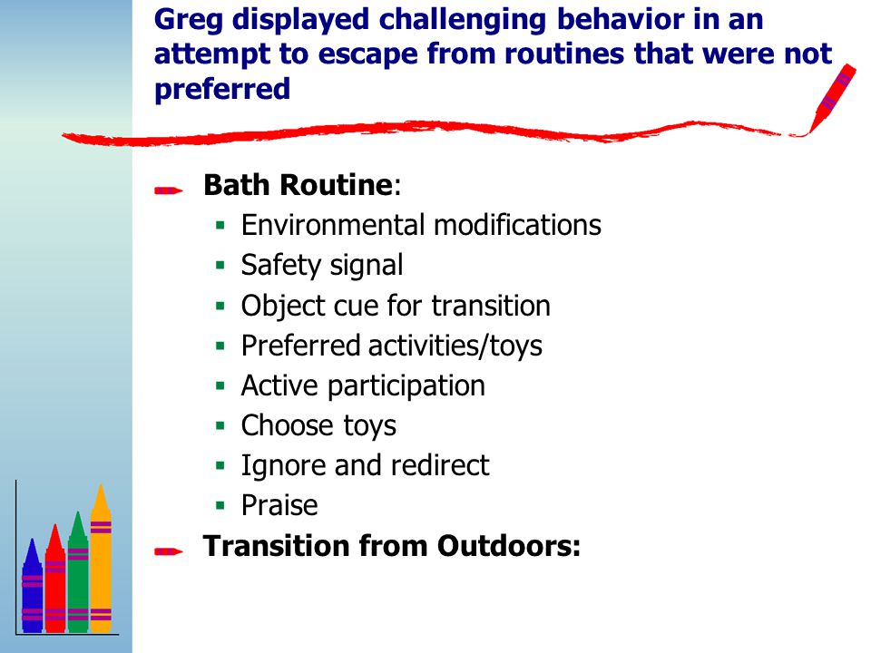 Greg displayed challenging behavior in an attempt to escape from routines that were not preferred Bath Routine:  Environmental modifications  Safety signal  Object cue for transition  Preferred activities/toys  Active participation  Choose toys  Ignore and redirect  Praise Transition from Outdoors: