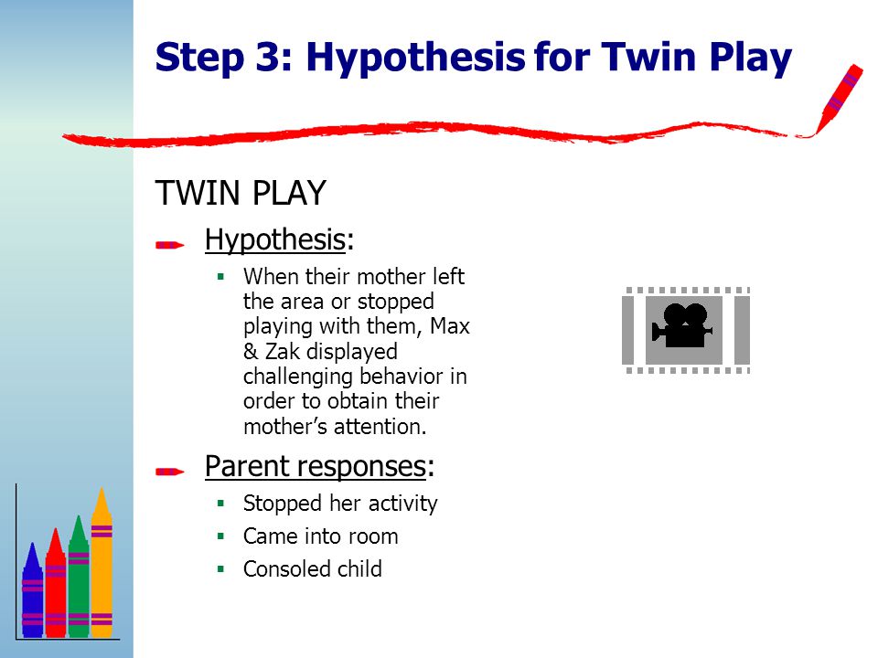 Step 3: Hypothesis for Twin Play TWIN PLAY Hypothesis:  When their mother left the area or stopped playing with them, Max & Zak displayed challenging behavior in order to obtain their mother’s attention.