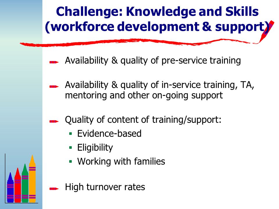 Challenge: Knowledge and Skills (workforce development & support) Availability & quality of pre-service training Availability & quality of in-service training, TA, mentoring and other on-going support Quality of content of training/support:  Evidence-based  Eligibility  Working with families High turnover rates