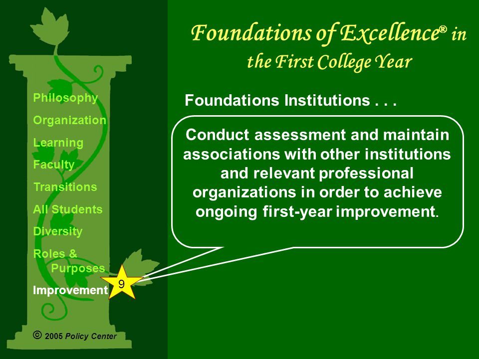 Conduct assessment and maintain associations with other institutions and relevant professional organizations in order to achieve ongoing first-year improvement.