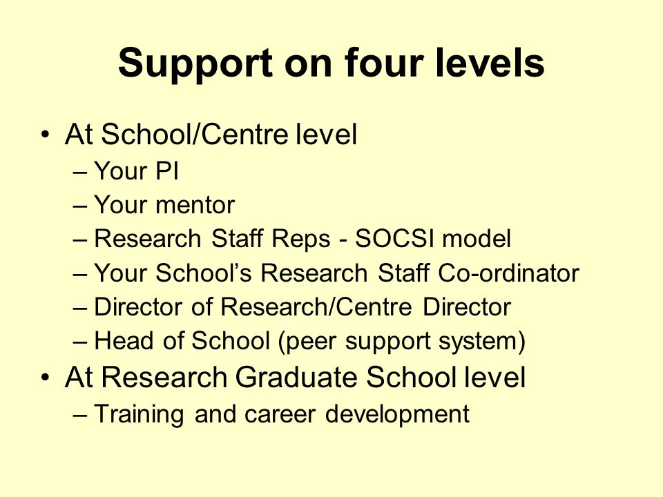 Support on four levels At School/Centre level –Your PI –Your mentor –Research Staff Reps - SOCSI model –Your School’s Research Staff Co-ordinator –Director of Research/Centre Director –Head of School (peer support system) At Research Graduate School level –Training and career development