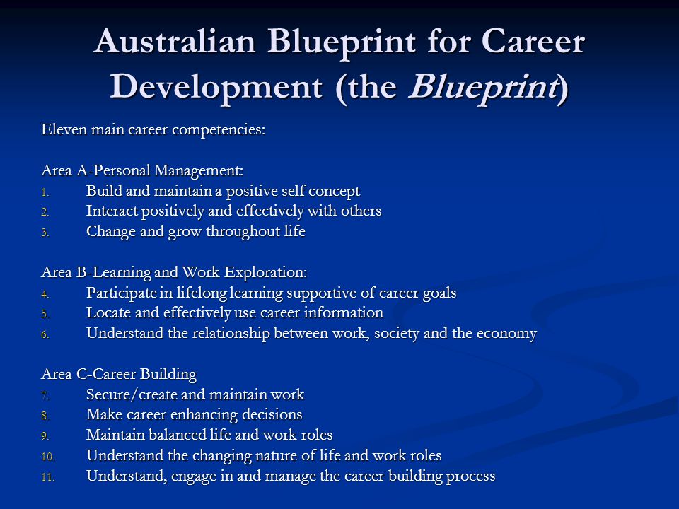 Australian Blueprint for Career Development (the Blueprint) Eleven main career competencies: Area A-Personal Management: 1.