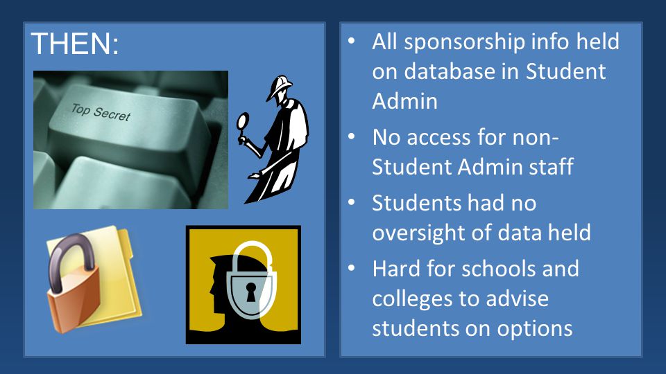 THEN: All sponsorship info held on database in Student Admin No access for non- Student Admin staff Students had no oversight of data held Hard for schools and colleges to advise students on options