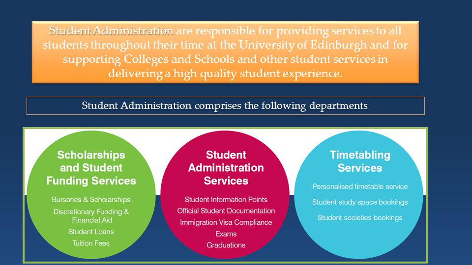 Student Administration Student Administration are responsible for providing services to all students throughout their time at the University of Edinburgh and for supporting Colleges and Schools and other student services in delivering a high quality student experience.