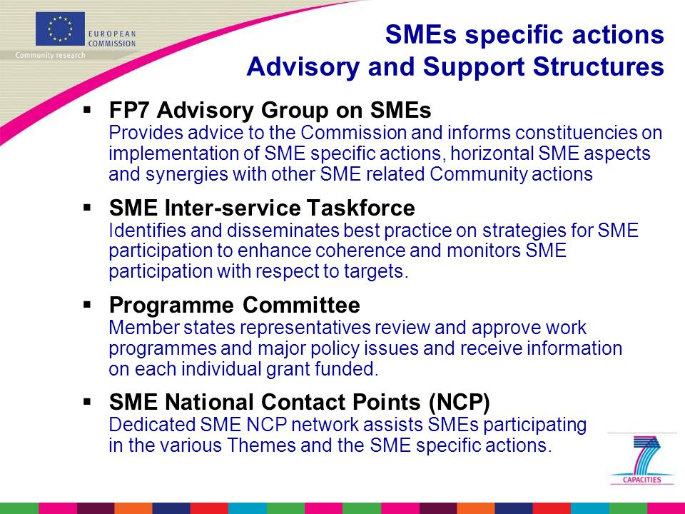 SMEs specific actions Advisory and Support Structures  FP7 Advisory Group on SMEs Provides advice to the Commission and informs constituencies on implementation of SME specific actions, horizontal SME aspects and synergies with other SME related Community actions  SME Inter-service Taskforce Identifies and disseminates best practice on strategies for SME participation to enhance coherence and monitors SME participation with respect to targets.
