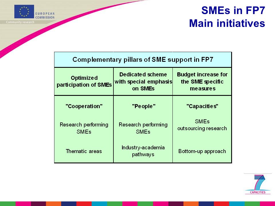SMEs in FP7 Main initiatives