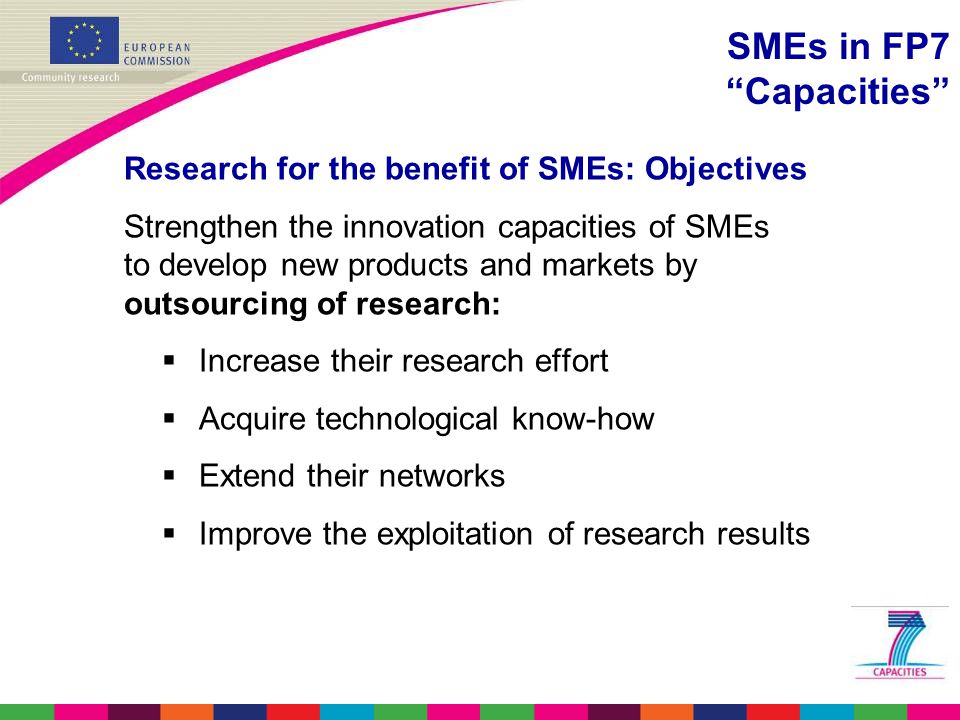 Research for the benefit of SMEs: Objectives Strengthen the innovation capacities of SMEs to develop new products and markets by outsourcing of research:  Increase their research effort  Acquire technological know-how  Extend their networks  Improve the exploitation of research results SMEs in FP7 Capacities