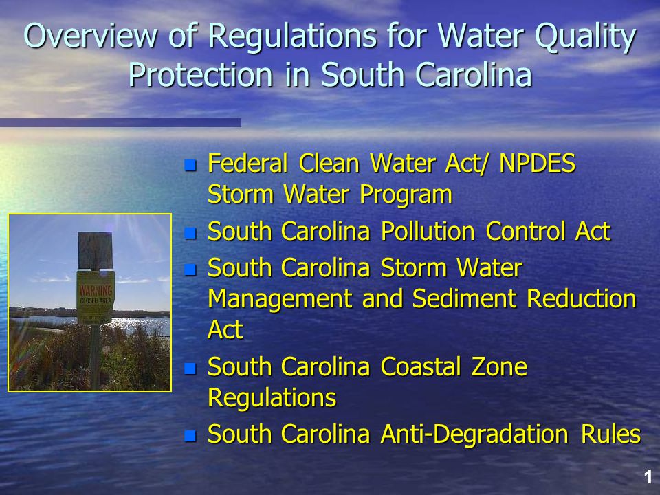 1 Overview of Regulations for Water Quality Protection in South Carolina n Federal Clean Water Act/ NPDES Storm Water Program n South Carolina Pollution Control Act n South Carolina Storm Water Management and Sediment Reduction Act n South Carolina Coastal Zone Regulations n South Carolina Anti-Degradation Rules