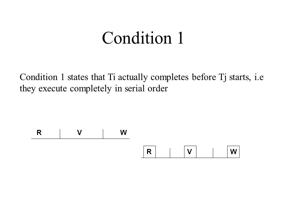 Condition 1 Condition 1 states that Ti actually completes before Tj starts, i.e they execute completely in serial order RVW RVW