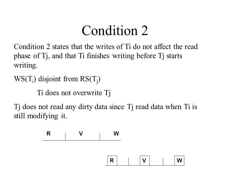 Condition 2 Condition 2 states that the writes of Ti do not affect the read phase of Tj, and that Ti finishes writing before Tj starts writing.