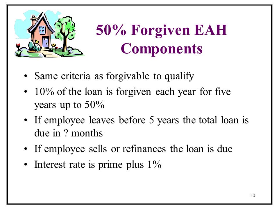10 50% Forgiven EAH Components Same criteria as forgivable to qualify 10% of the loan is forgiven each year for five years up to 50% If employee leaves before 5 years the total loan is due in .