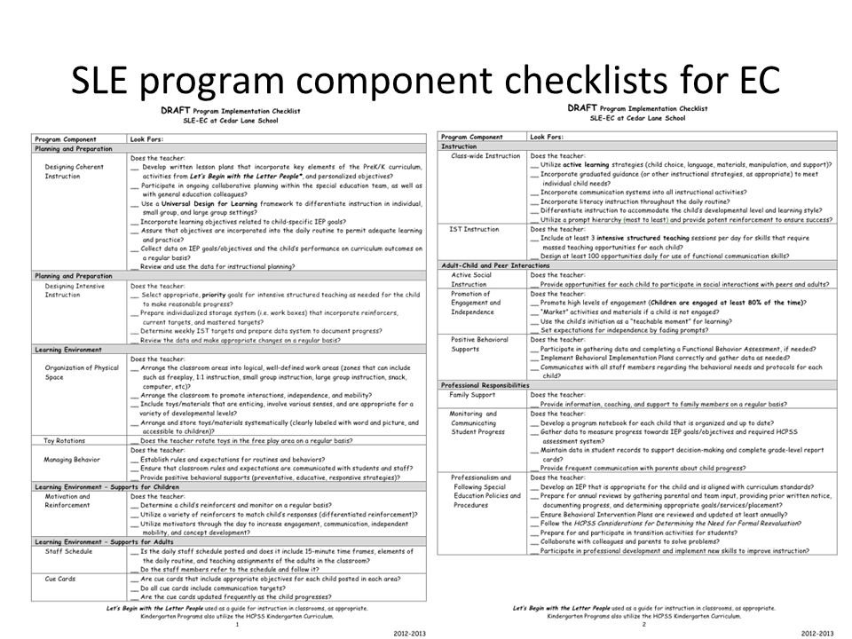SLE program component checklists for EC