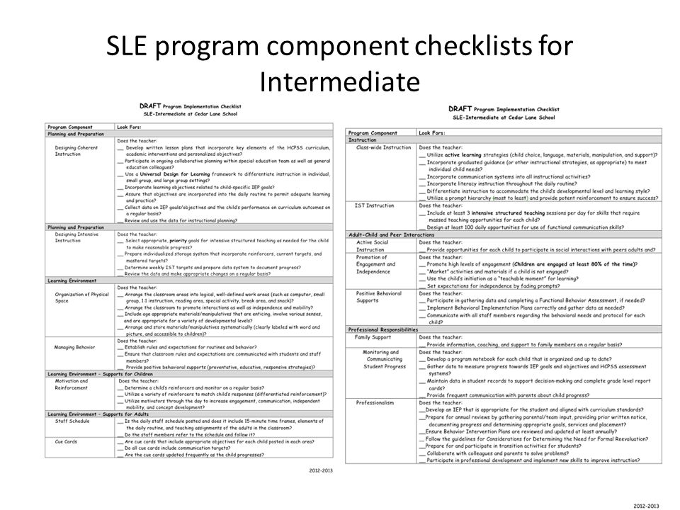 SLE program component checklists for Intermediate