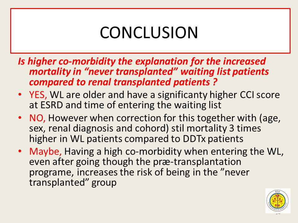 CONCLUSION Is higher co-morbidity the explanation for the increased mortality in never transplanted waiting list patients compared to renal transplanted patients .
