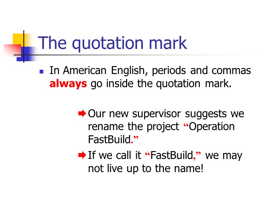 The quotation mark In American English, periods and commas always go inside the quotation mark.