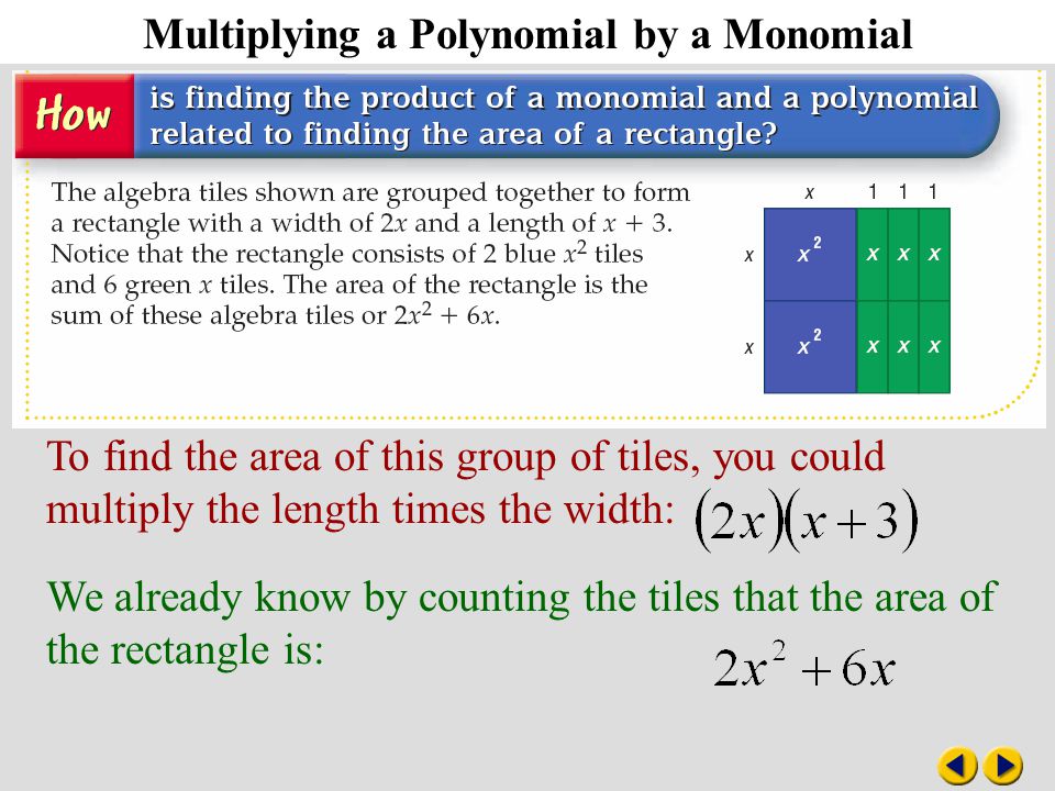 8-6 Multiplying a Polynomial by a Monomial To find the area of this group of tiles, you could multiply the length times the width: We already know by counting the tiles that the area of the rectangle is: