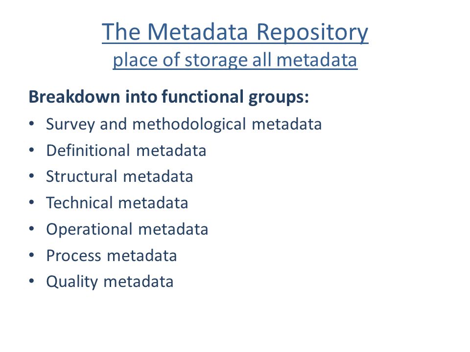 The Metadata Repository place of storage all metadata Breakdown into functional groups: Survey and methodological metadata Definitional metadata Structural metadata Technical metadata Operational metadata Process metadata Quality metadata