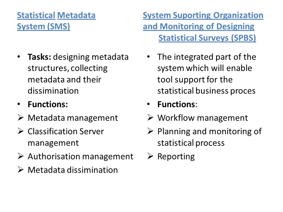 Statistical Metadata System Suporting Organization System (SMS) and Monitoring of Designing Statistical Surveys (SPBS) Tasks: designing metadata structures, collecting metadata and their dissimination Functions:  Metadata management  Classification Server management  Authorisation management  Metadata dissimination The integrated part of the system which will enable tool support for the statistical business proces Functions:  Workflow management  Planning and monitoring of statistical process  Reporting