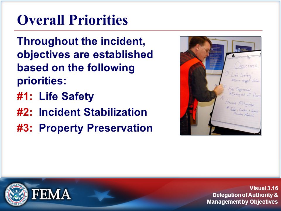 Visual 3.16 Delegation of Authority & Management by Objectives Overall Priorities Throughout the incident, objectives are established based on the following priorities: #1: Life Safety #2: Incident Stabilization #3: Property Preservation