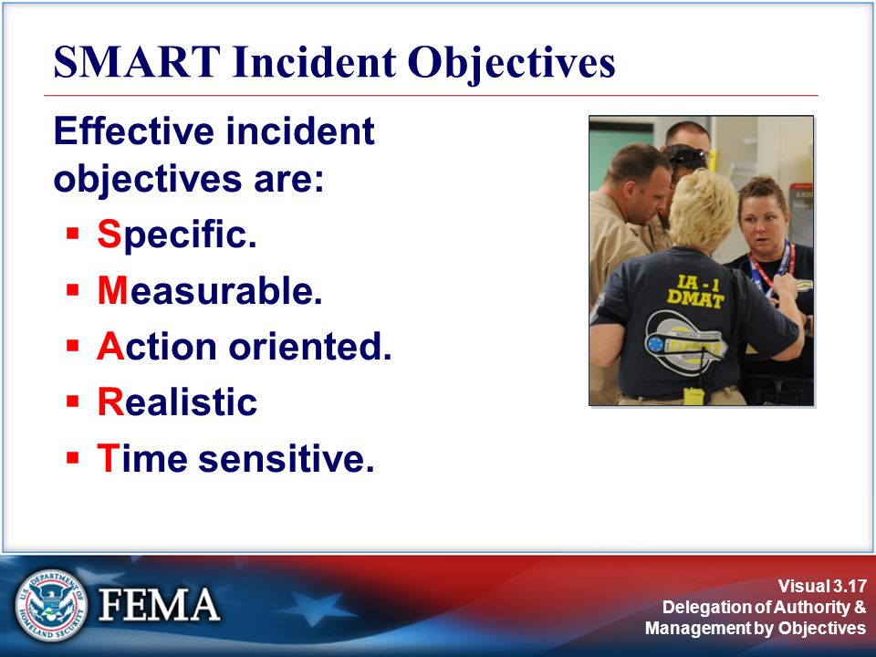 Visual 3.17 Delegation of Authority & Management by Objectives Effective incident objectives are:  Specific.