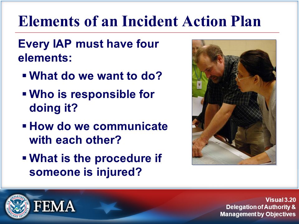 Visual 3.20 Delegation of Authority & Management by Objectives Elements of an Incident Action Plan Every IAP must have four elements:  What do we want to do.