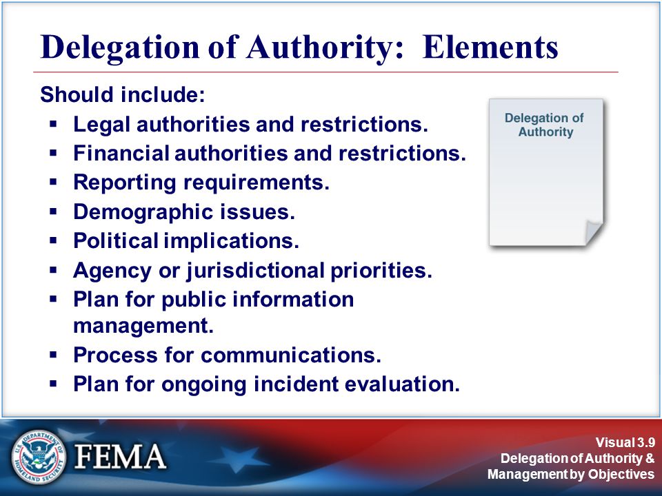 Visual 3.9 Delegation of Authority & Management by Objectives Should include:  Legal authorities and restrictions.